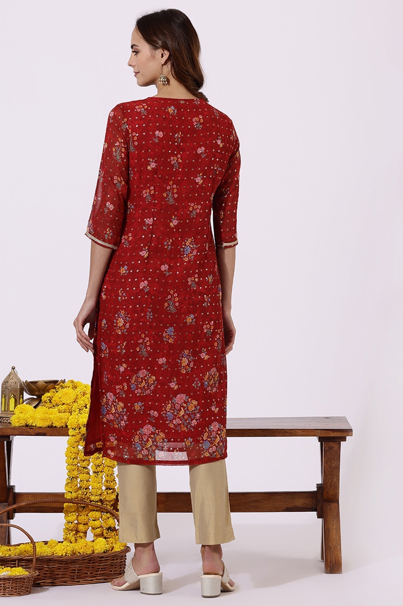 W for Woman Red Printed Lace Straight Kurta