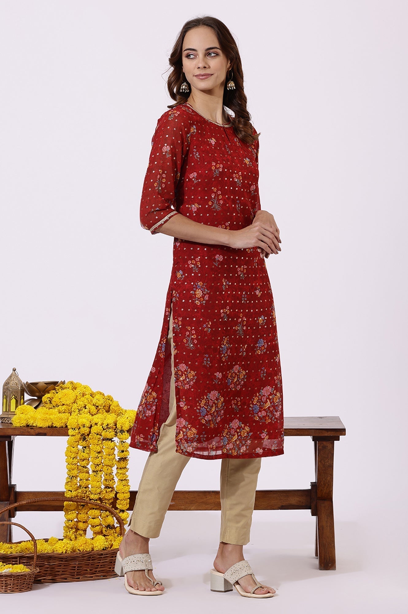 W for Woman Red Printed Lace Straight Kurta