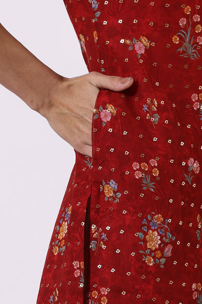 W for Woman Red Printed Lace Straight Kurta