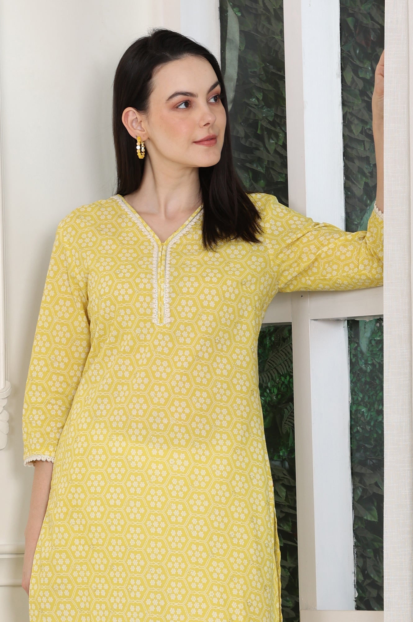 W for Woman Yellow Floral Printed Pure Cotton Soft & Breathable Kurta With Lace