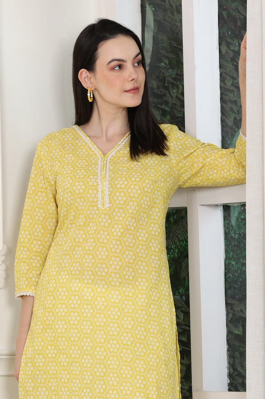 W for Woman Yellow Floral Printed Pure Cotton Soft & Breathable Kurta With Lace