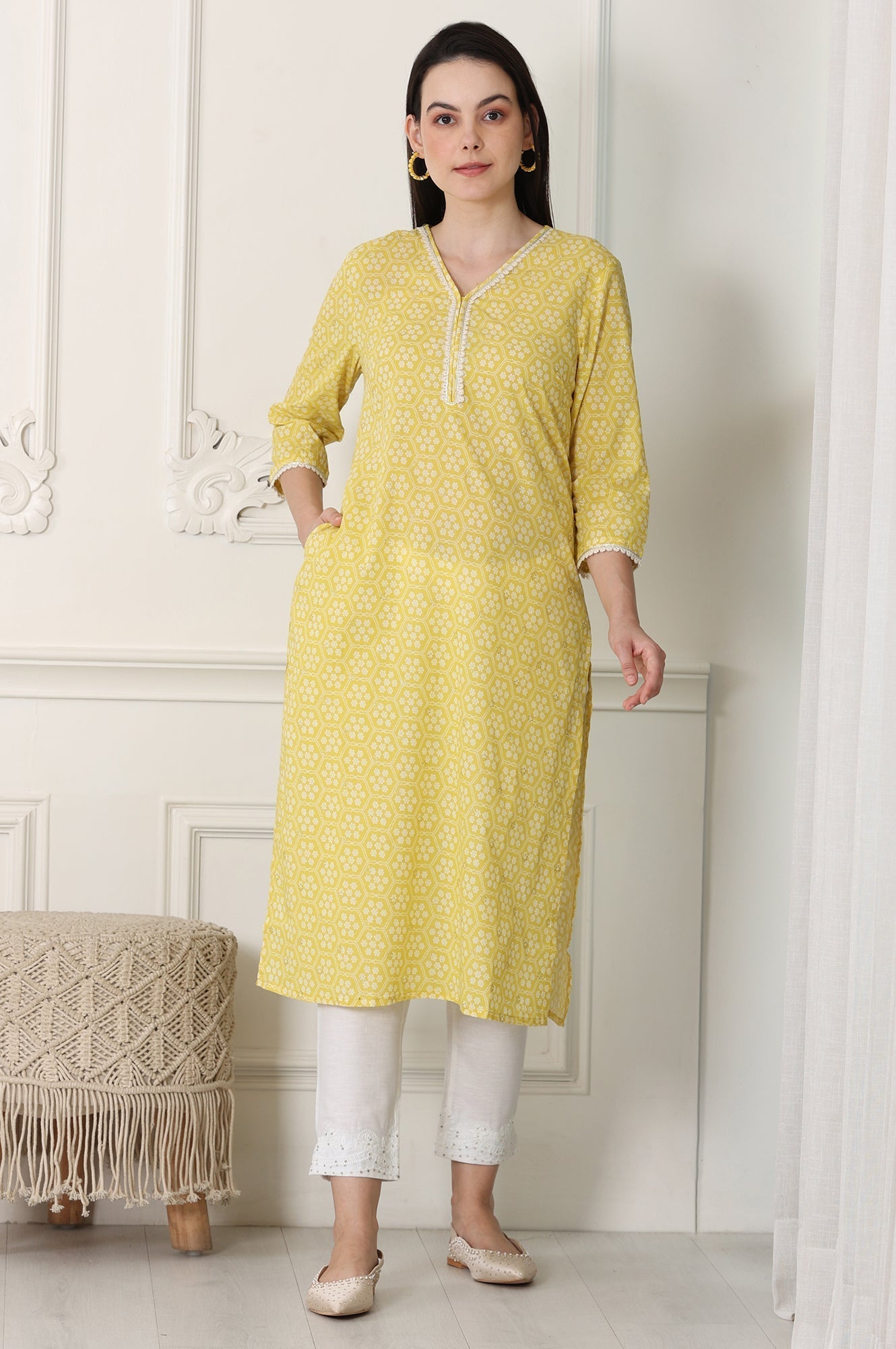 W for Woman Yellow Floral Printed Pure Cotton Soft & Breathable Kurta With Lace