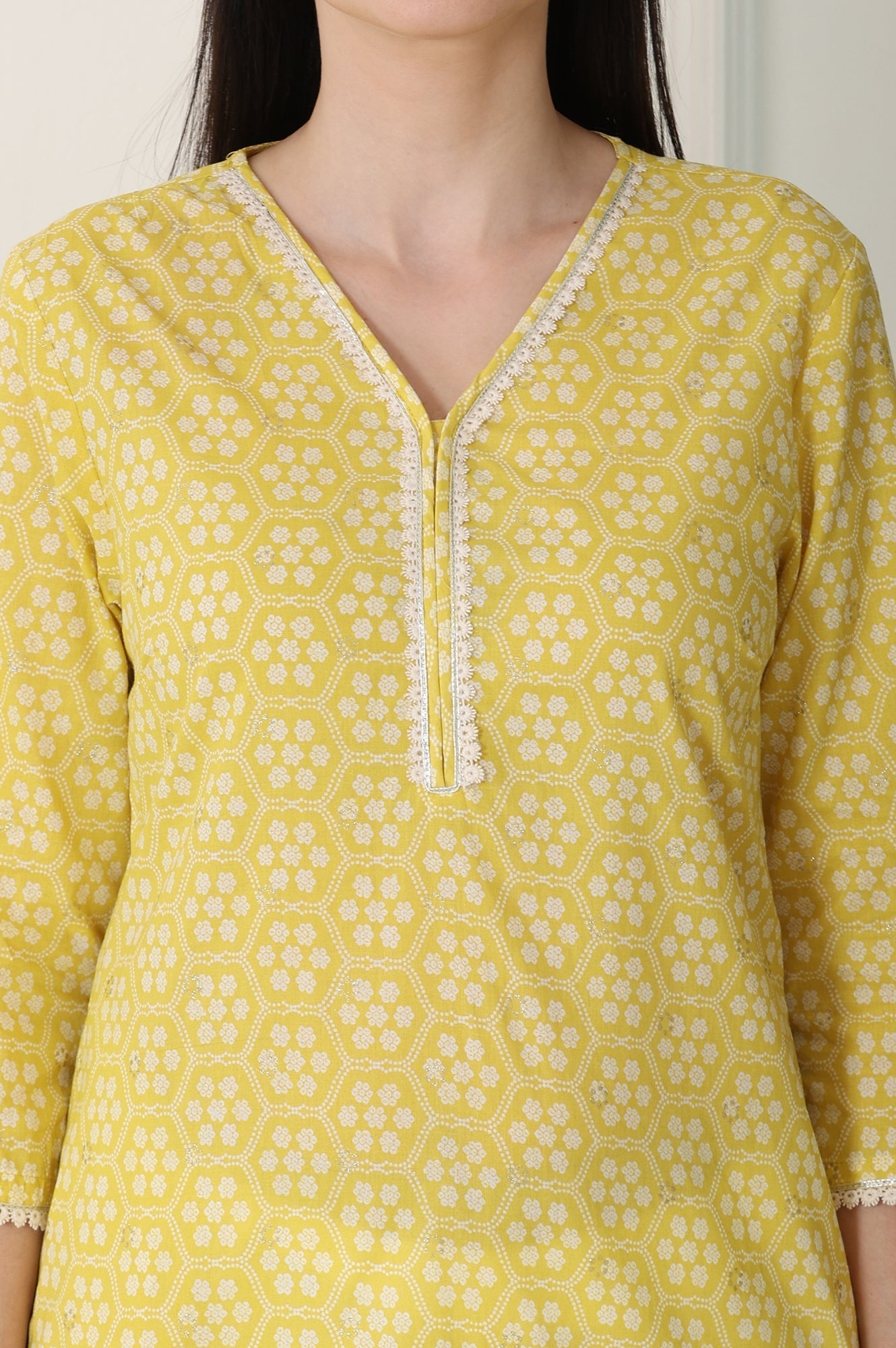 W for Woman Yellow Floral Printed Pure Cotton Soft & Breathable Kurta With Lace
