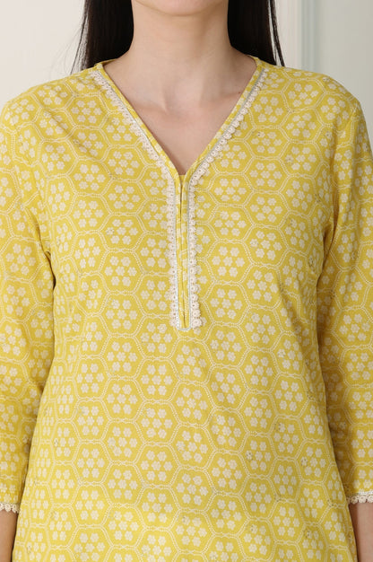W for Woman Yellow Floral Printed Pure Cotton Soft & Breathable Kurta With Lace
