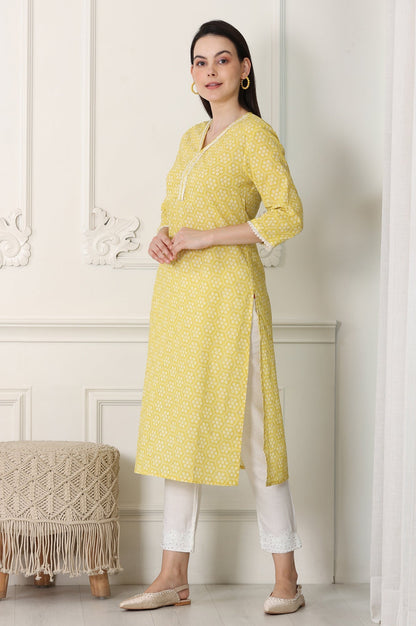 W for Woman Yellow Floral Printed Pure Cotton Soft & Breathable Kurta With Lace