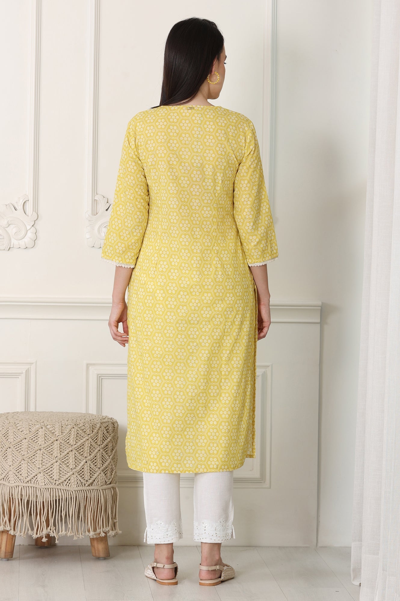 W for Woman Yellow Floral Printed Pure Cotton Soft & Breathable Kurta With Lace