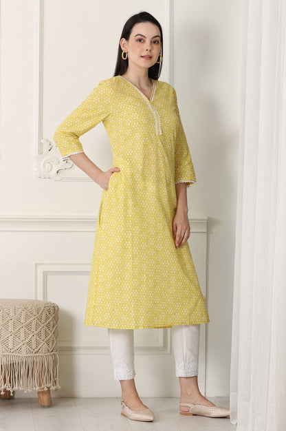 W for Woman Yellow Floral Printed Pure Cotton Soft & Breathable Kurta With Lace
