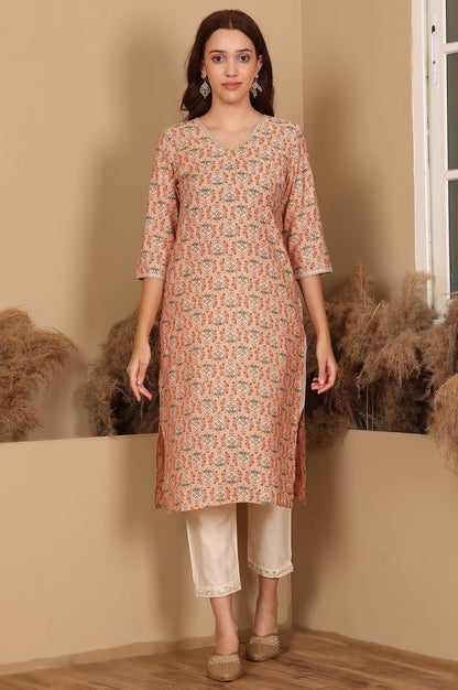 W for Woman Peach Floral Printed Straight Kurta With Lace Highlight