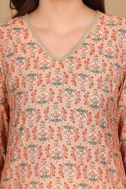 W for Woman Peach Floral Printed Straight Kurta With Lace Highlight