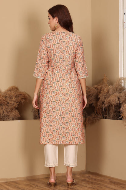 W for Woman Peach Floral Printed Straight Kurta With Lace Highlight