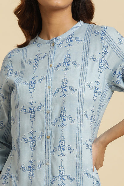 W for Woman Blue Geometric Printed Straight Kurta with Slim Pant Set
