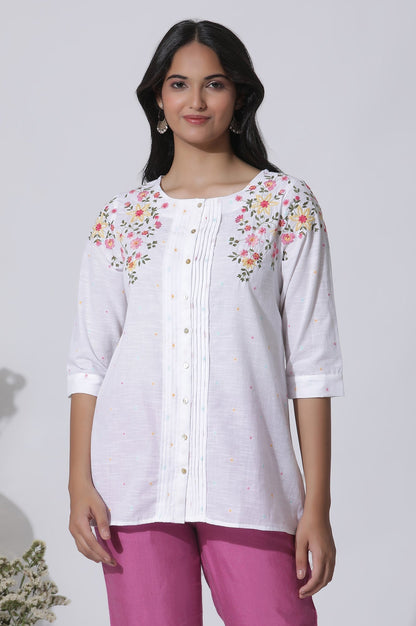 W for Woman White Embroidered Cotton Top With Pintucks
