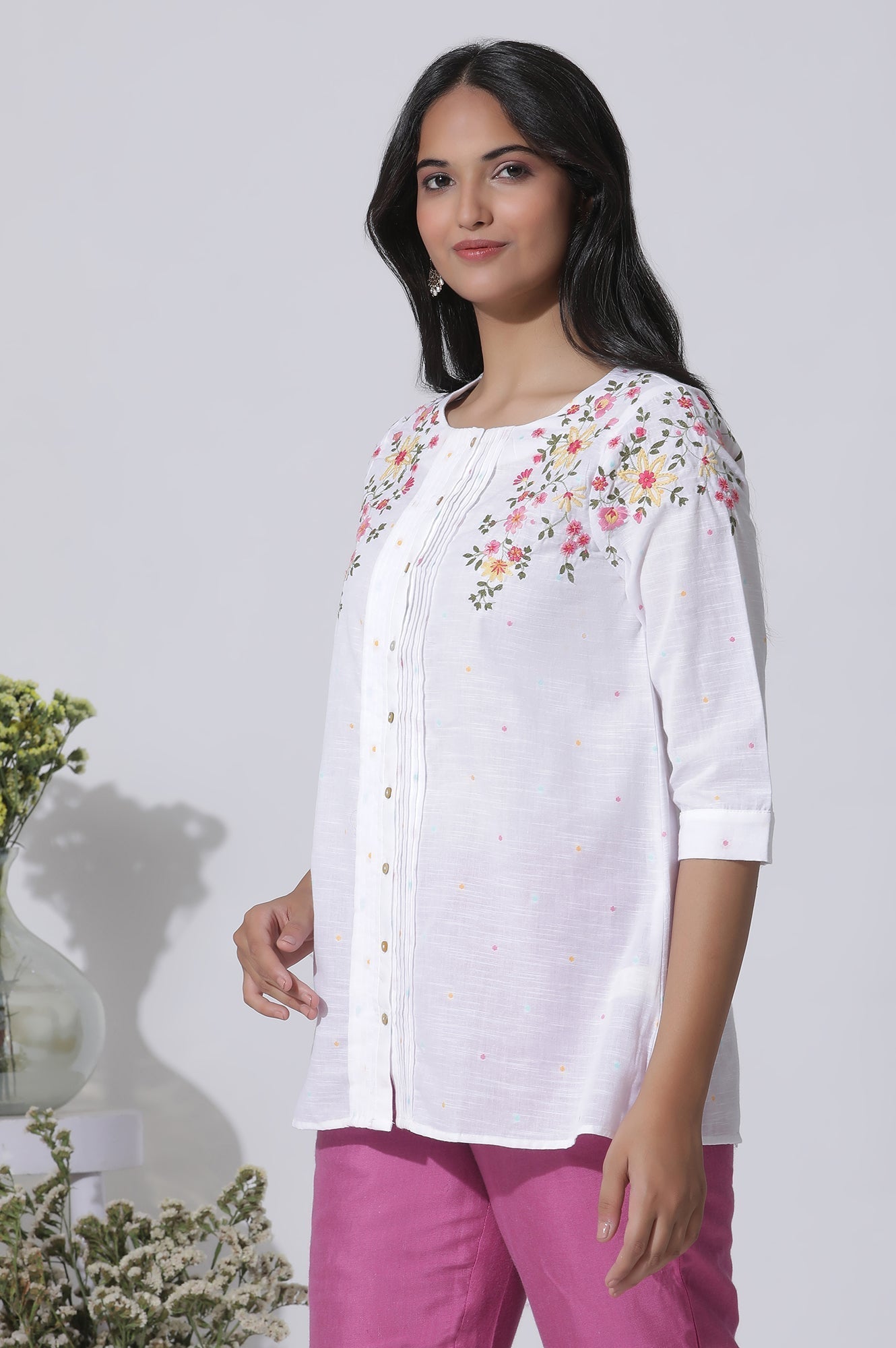W for Woman White Embroidered Cotton Top With Pintucks