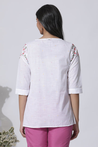 W for Woman White Embroidered Cotton Top With Pintucks