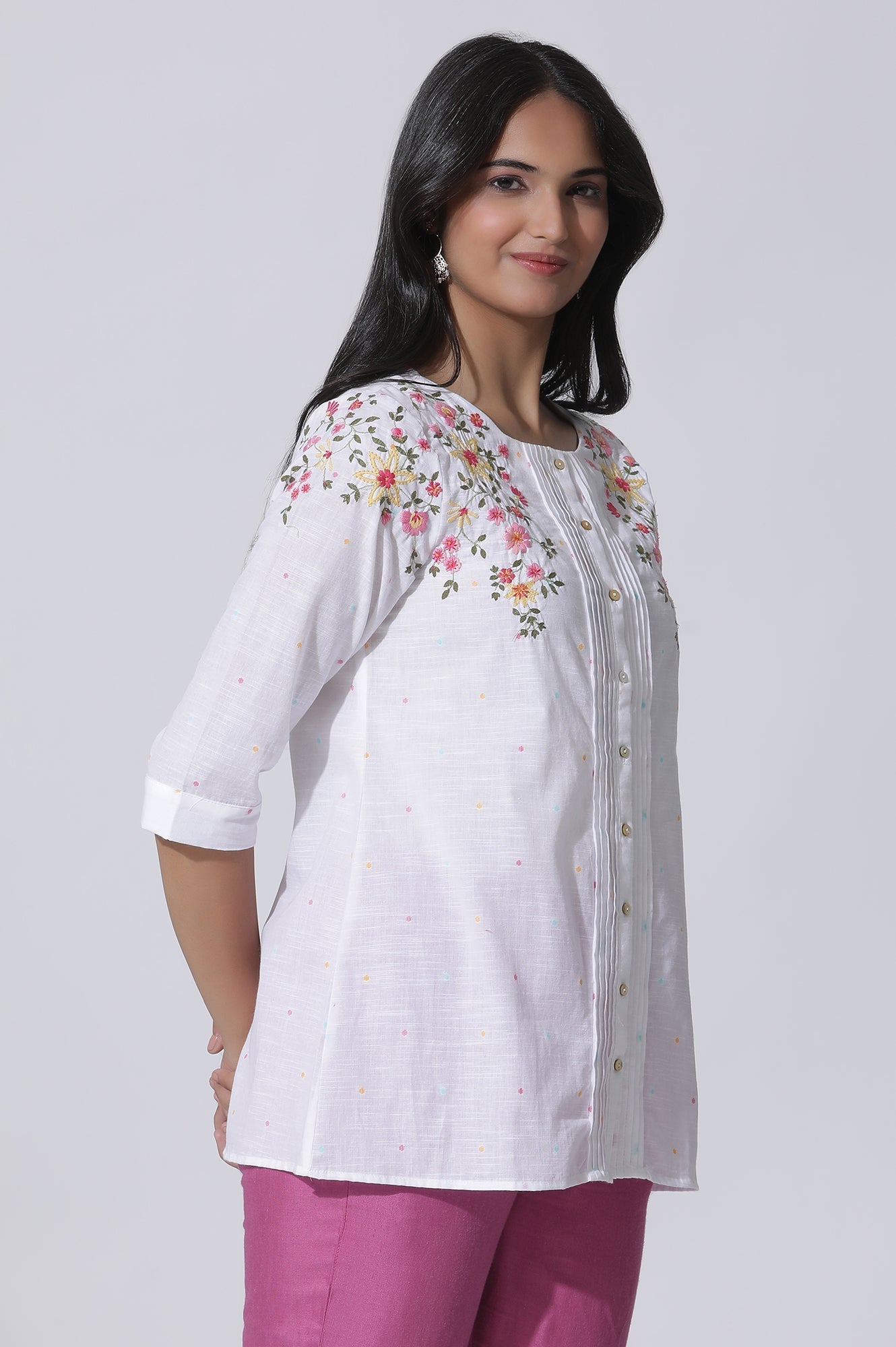 W for Woman White Embroidered Cotton Top With Pintucks