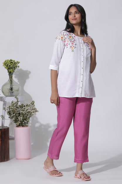W for Woman White Embroidered Cotton Top With Pintucks