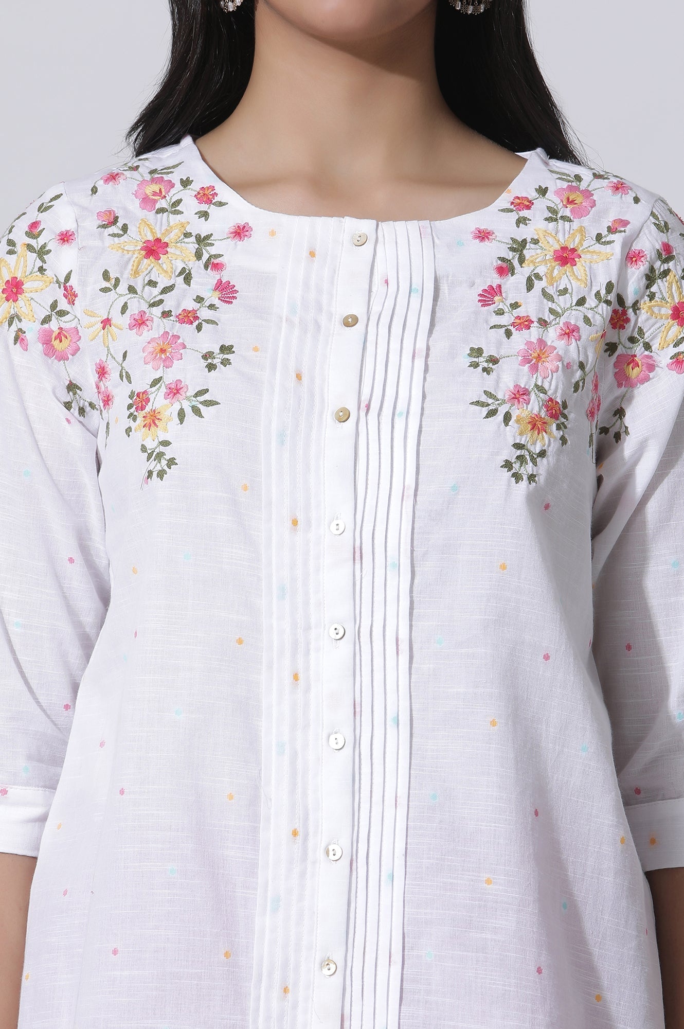 W for Woman White Embroidered Cotton Top With Pintucks