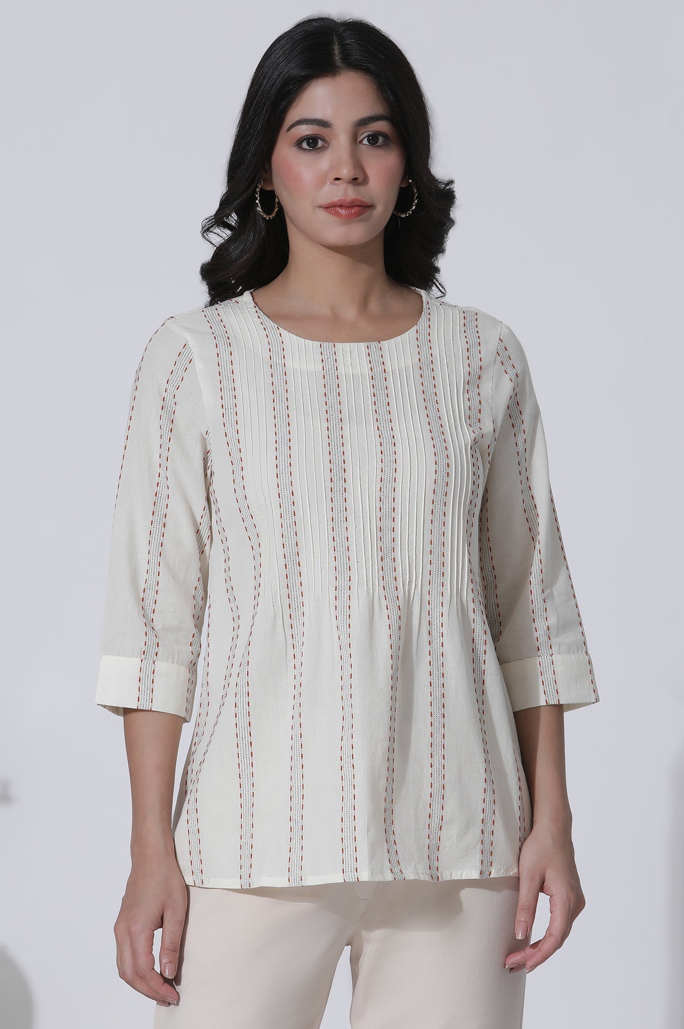 W for Woman White Yarn-Dyed Stripes Cotton Top