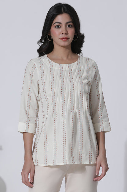 W for Woman White Yarn-Dyed Stripes Cotton Top