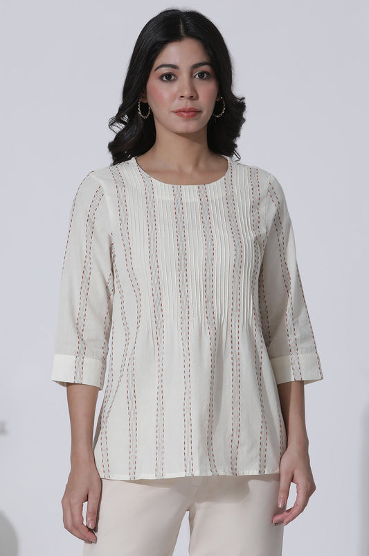 W for Woman White Yarn-Dyed Stripes Cotton Top