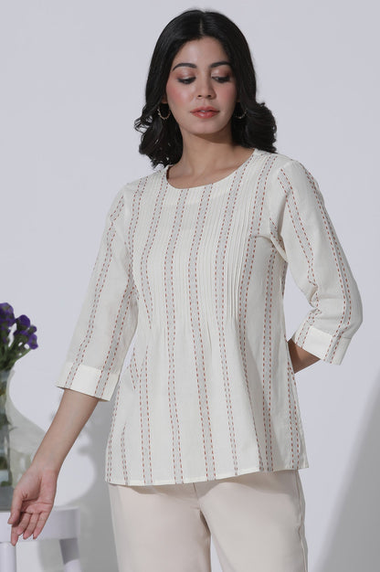 W for Woman White Yarn-Dyed Stripes Cotton Top