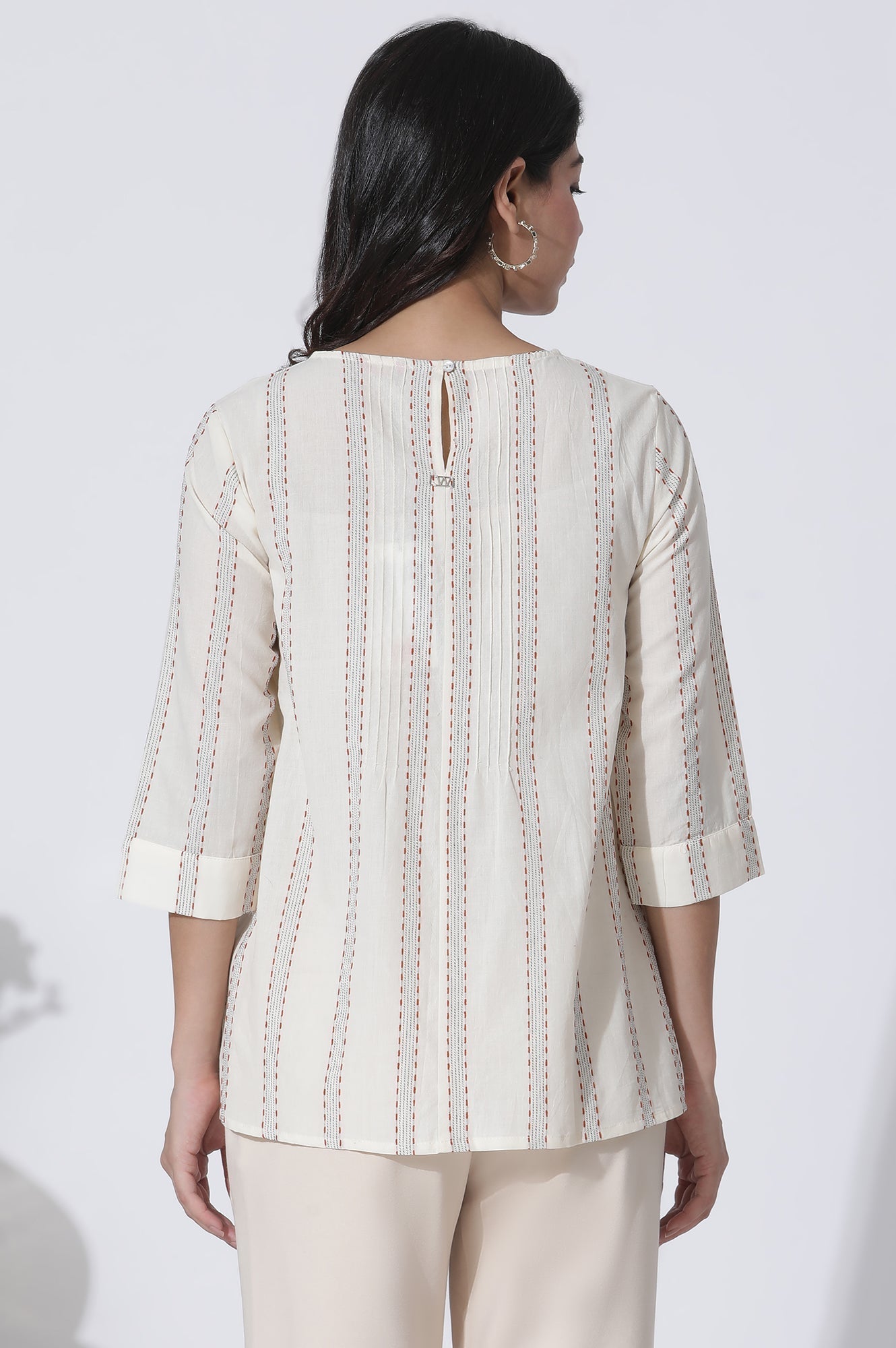 W for Woman White Yarn-Dyed Stripes Cotton Top
