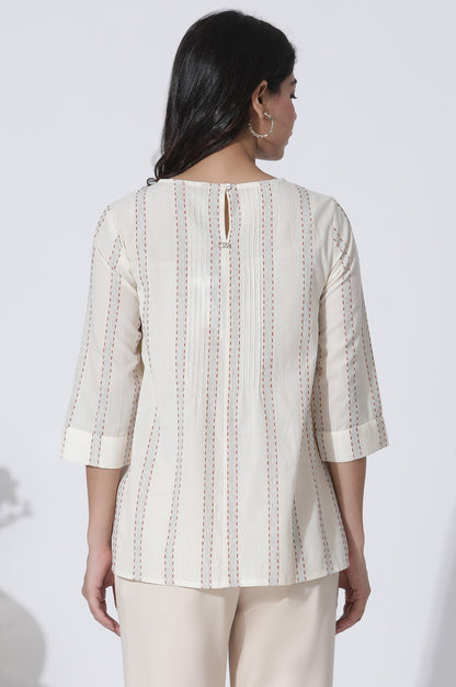 W for Woman White Yarn-Dyed Stripes Cotton Top