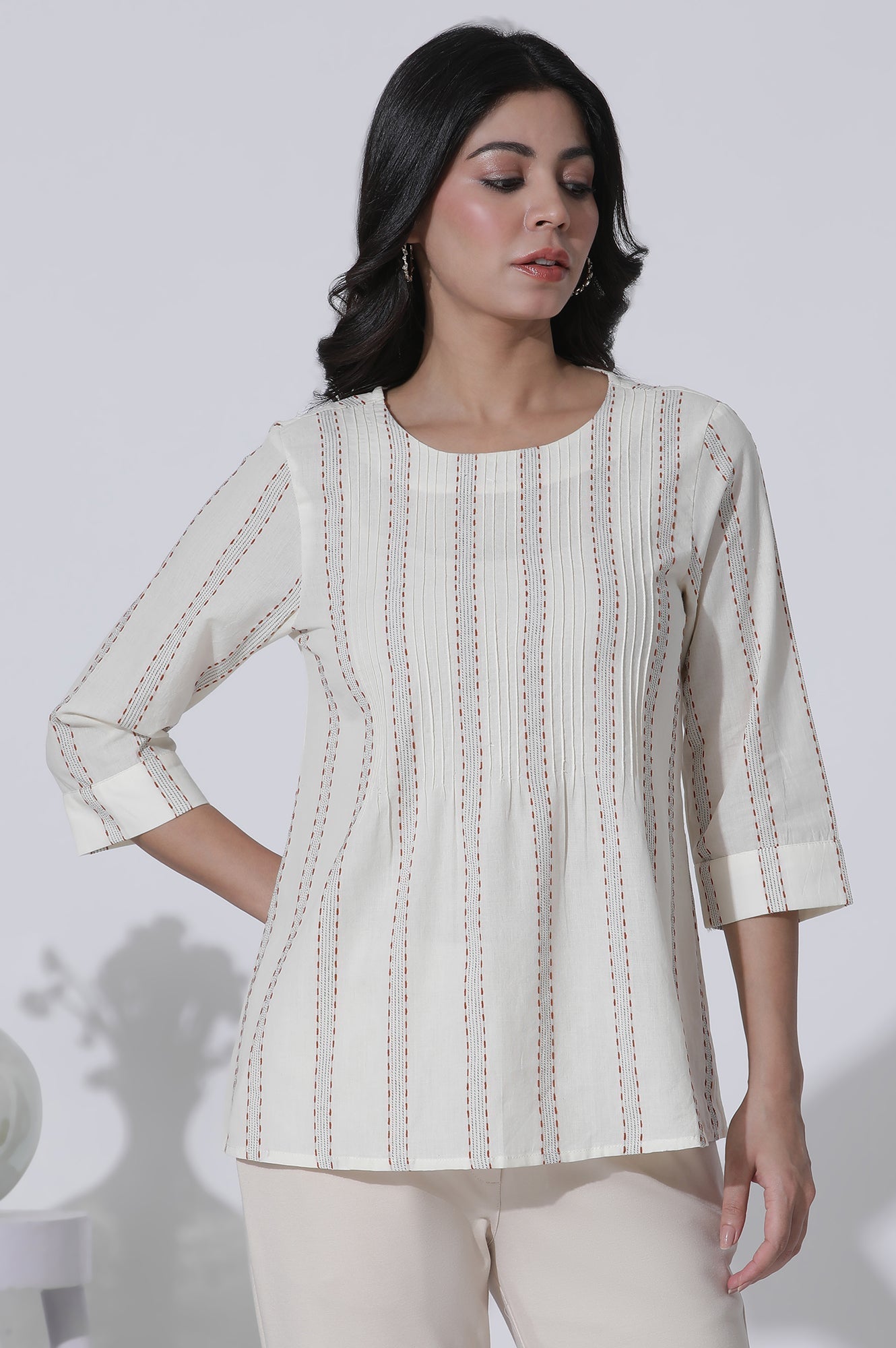 W for Woman White Yarn-Dyed Stripes Cotton Top