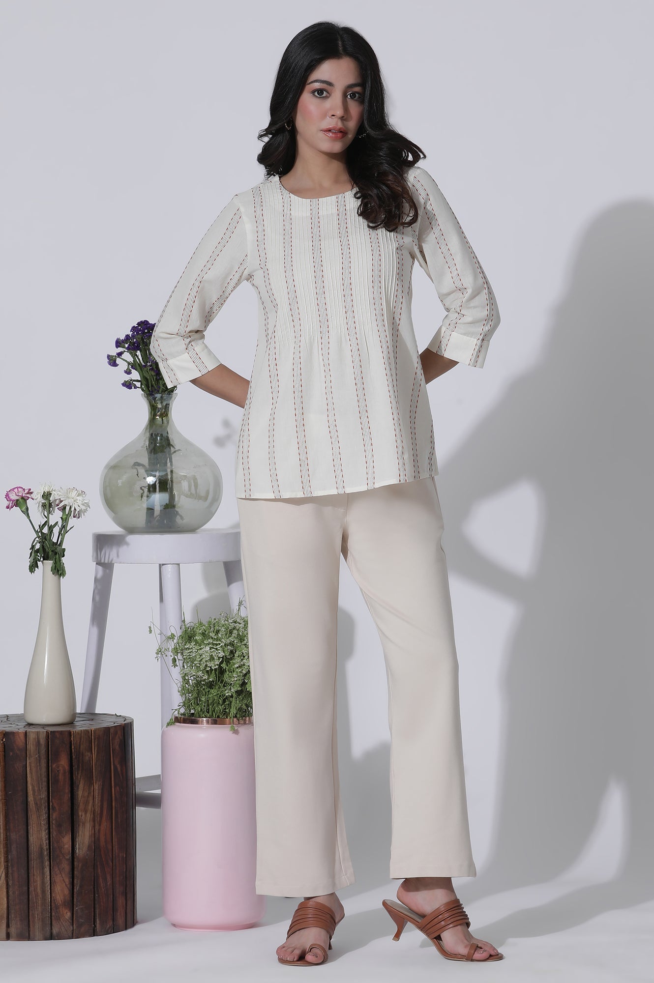 W for Woman White Yarn-Dyed Stripes Cotton Top