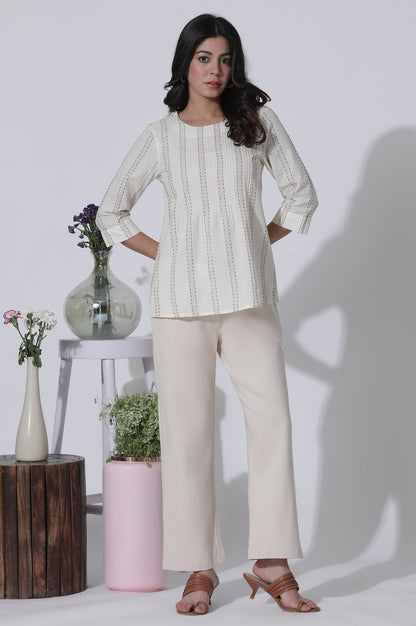 W for Woman White Yarn-Dyed Stripes Cotton Top