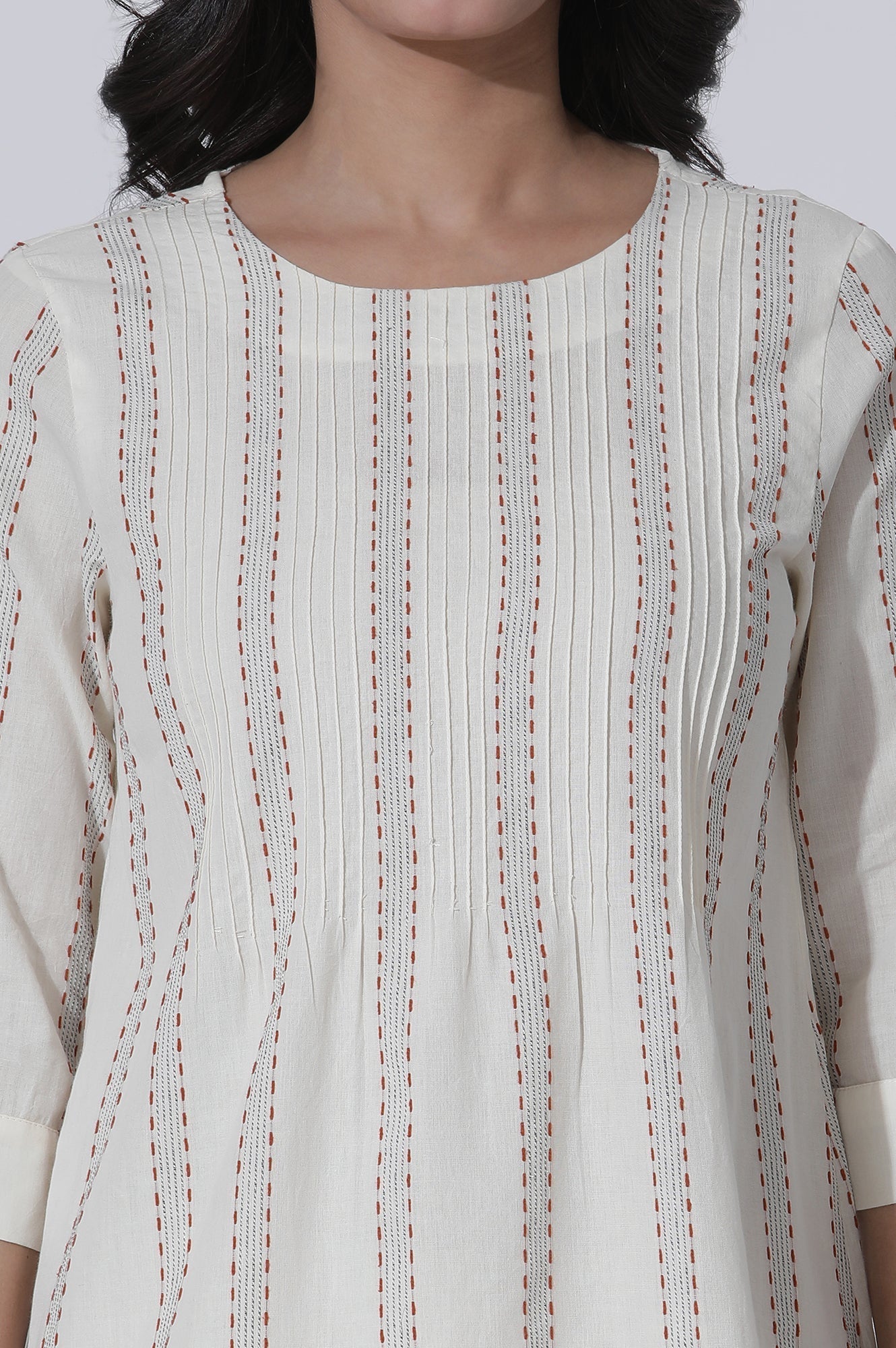 W for Woman White Yarn-Dyed Stripes Cotton Top