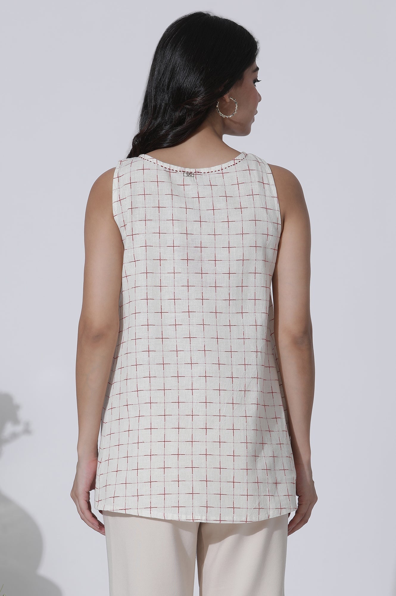 W for Woman White Yarn-Dyed Checks Cotton Blend Sleeveless Tank Top