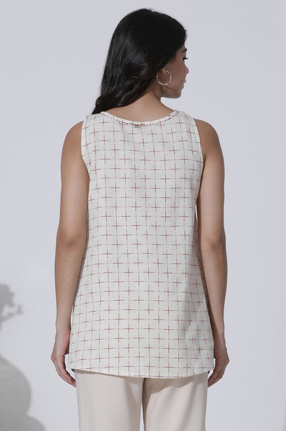 W for Woman White Yarn-Dyed Checks Cotton Blend Sleeveless Tank Top