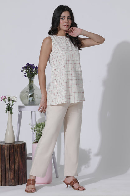 W for Woman White Yarn-Dyed Checks Cotton Blend Sleeveless Tank Top