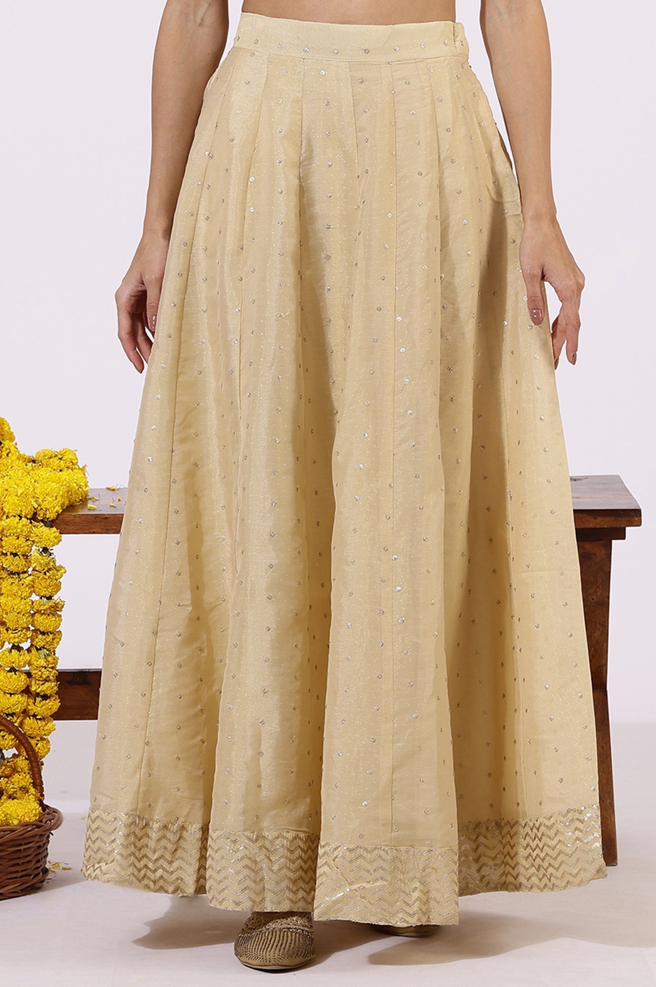 W for Woman Gold Solid Sequins Flarred Skirts