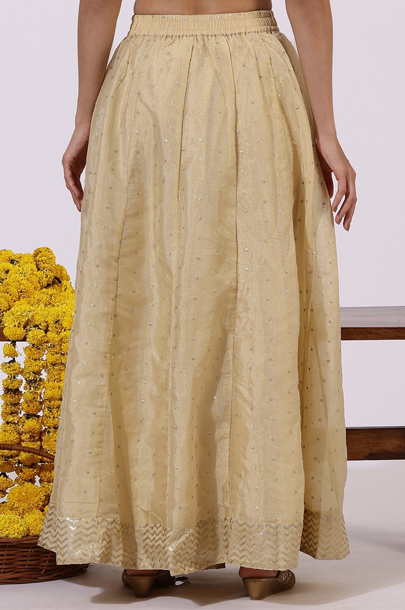 W for Woman Gold Solid Sequins Flarred Skirts