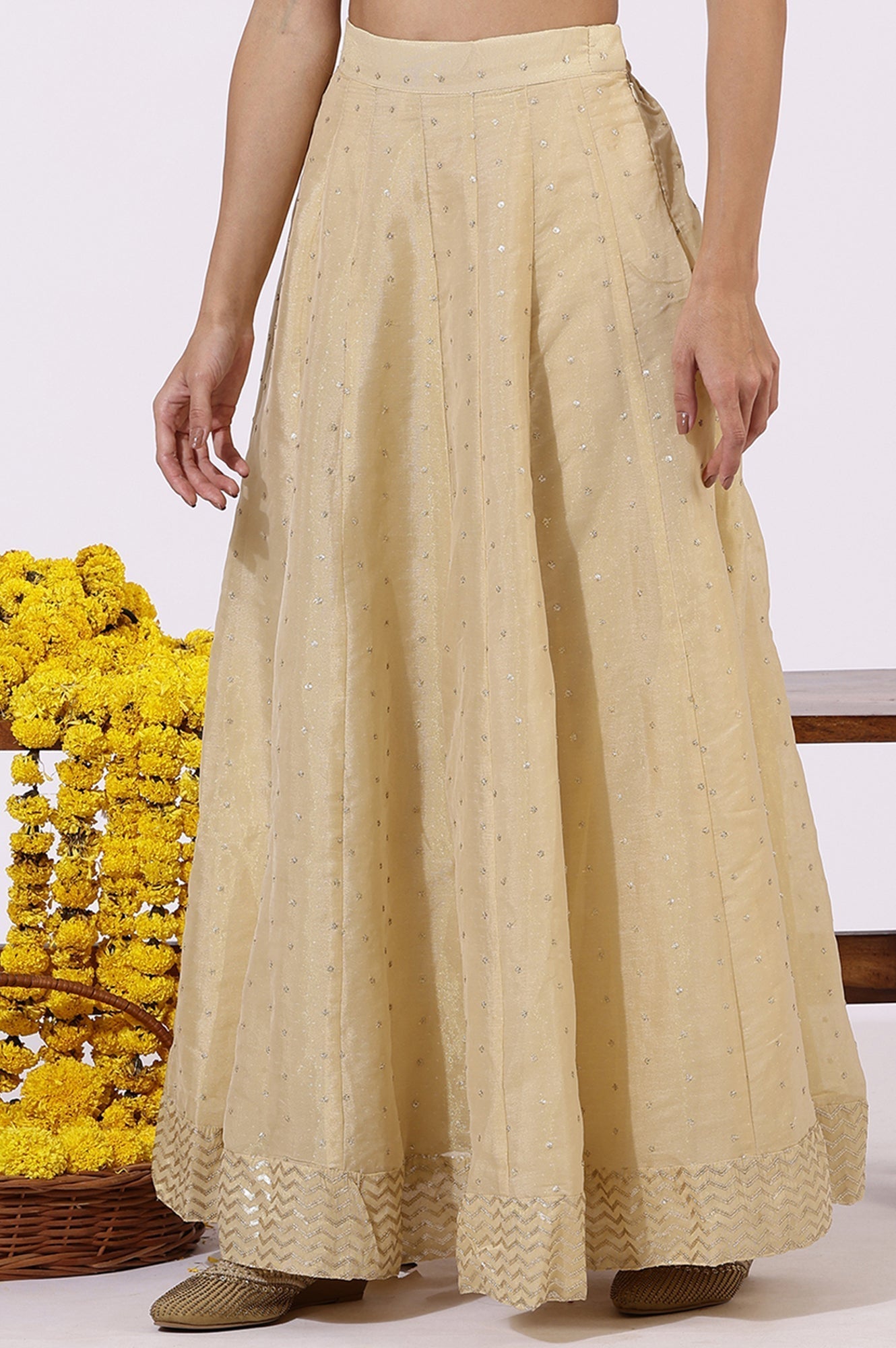 W for Woman Gold Solid Sequins Flarred Skirts