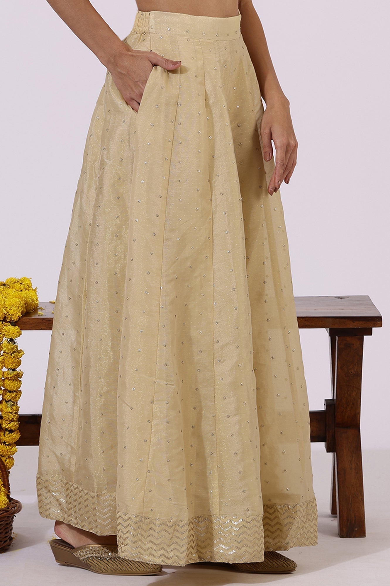 W for Woman Gold Solid Sequins Flarred Skirts