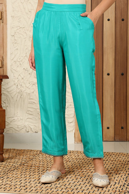 W for Woman Dark Teal Sequined Shantung Straight Pants