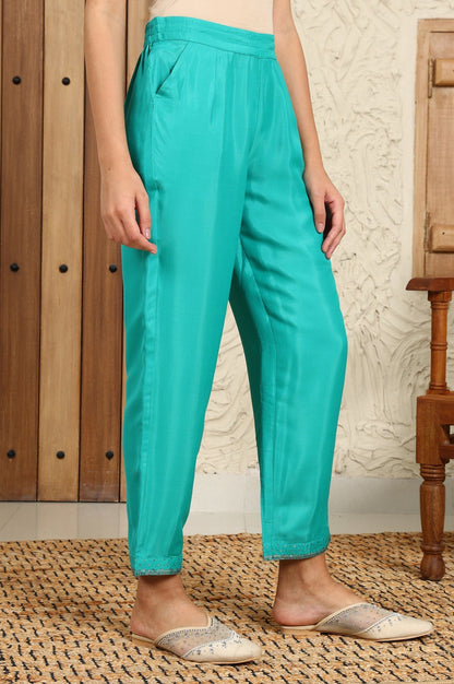 W for Woman Dark Teal Sequined Shantung Straight Pants