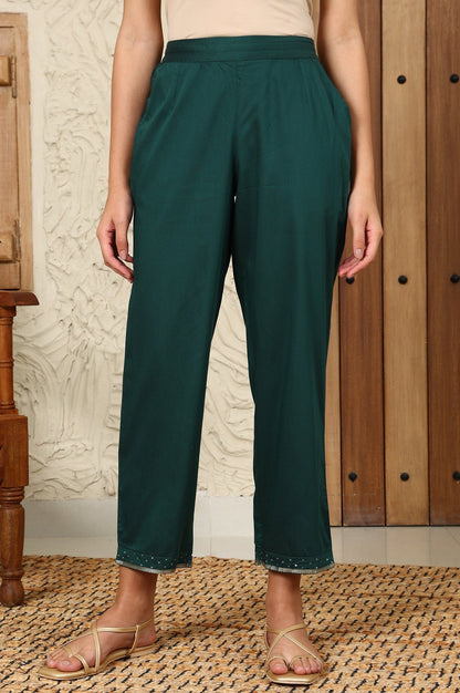 W for Woman Green Ankle Length Straight Pants With Embellished Hemline