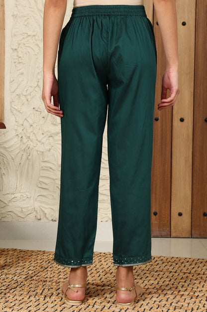 W for Woman Green Ankle Length Straight Pants With Embellished Hemline