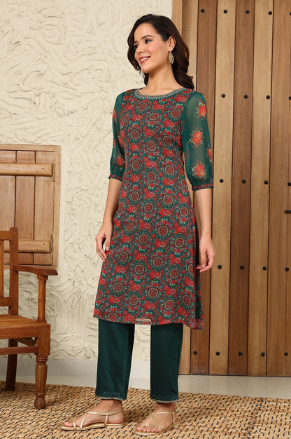 W for Woman Green Ankle Length Straight Pants With Embellished Hemline