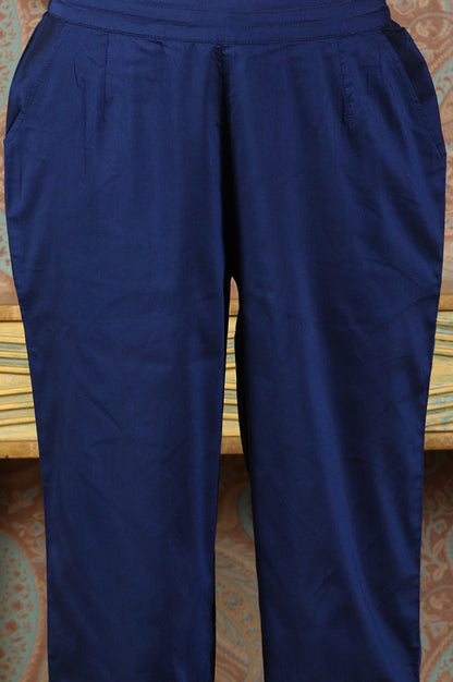 W for Woman Navy Blue Embellished Ankle-Length Straight Pants