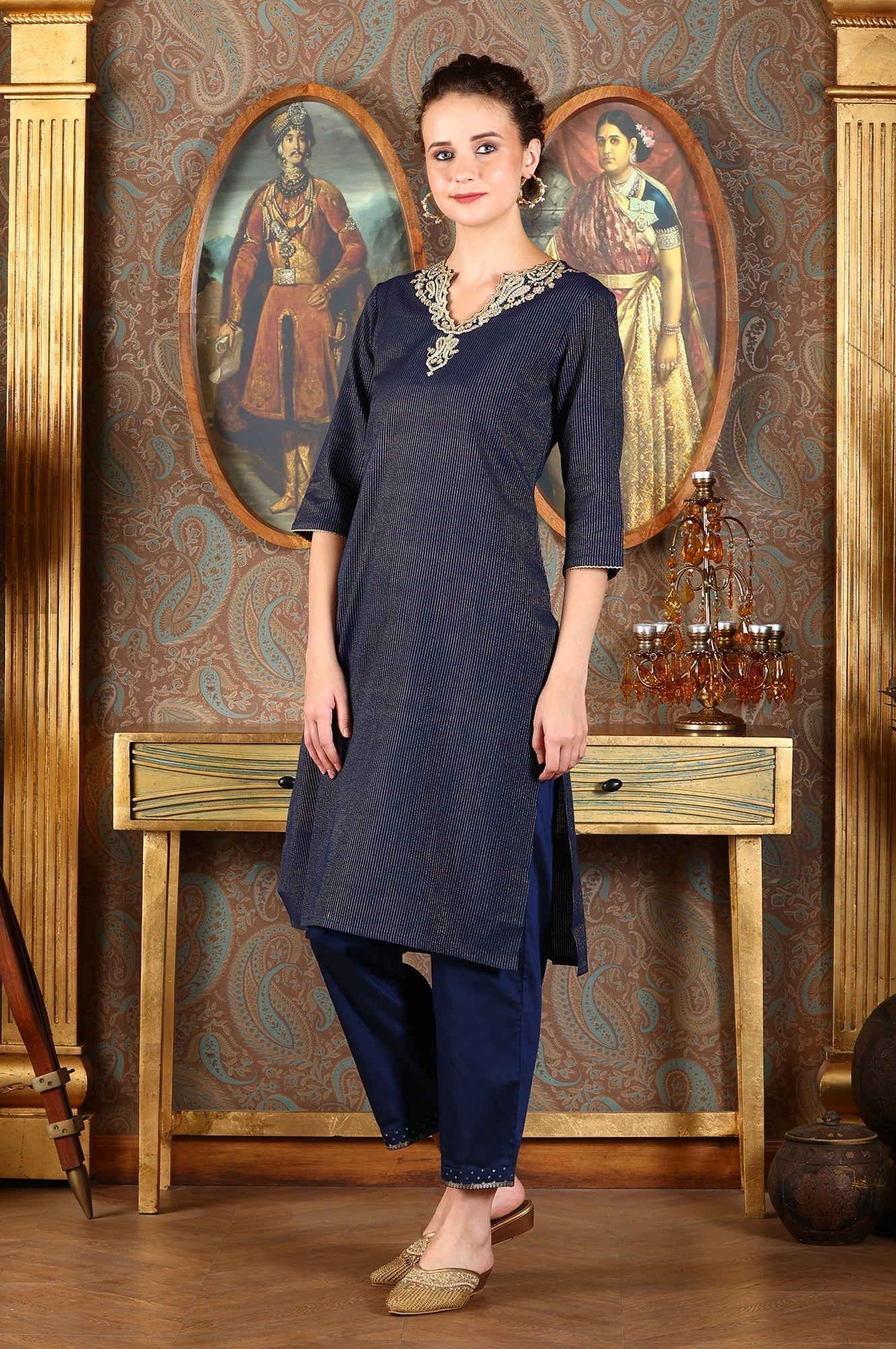 W for Woman Navy Blue Embellished Ankle-Length Straight Pants