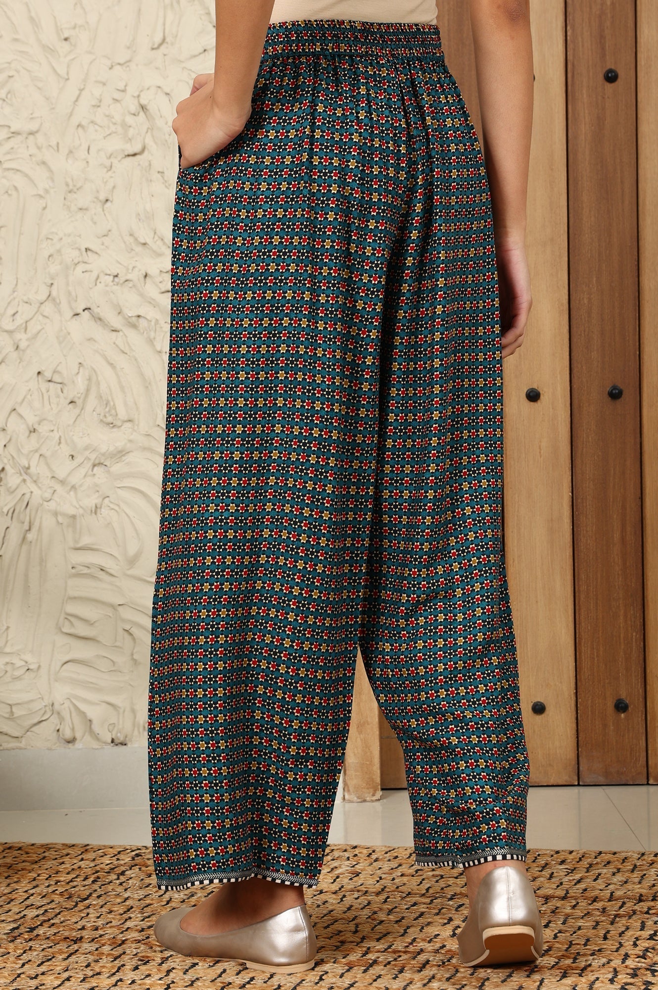 W for Woman Teal Multi-Coloured Geometric Printed Parallel Pants With Printed Hemline