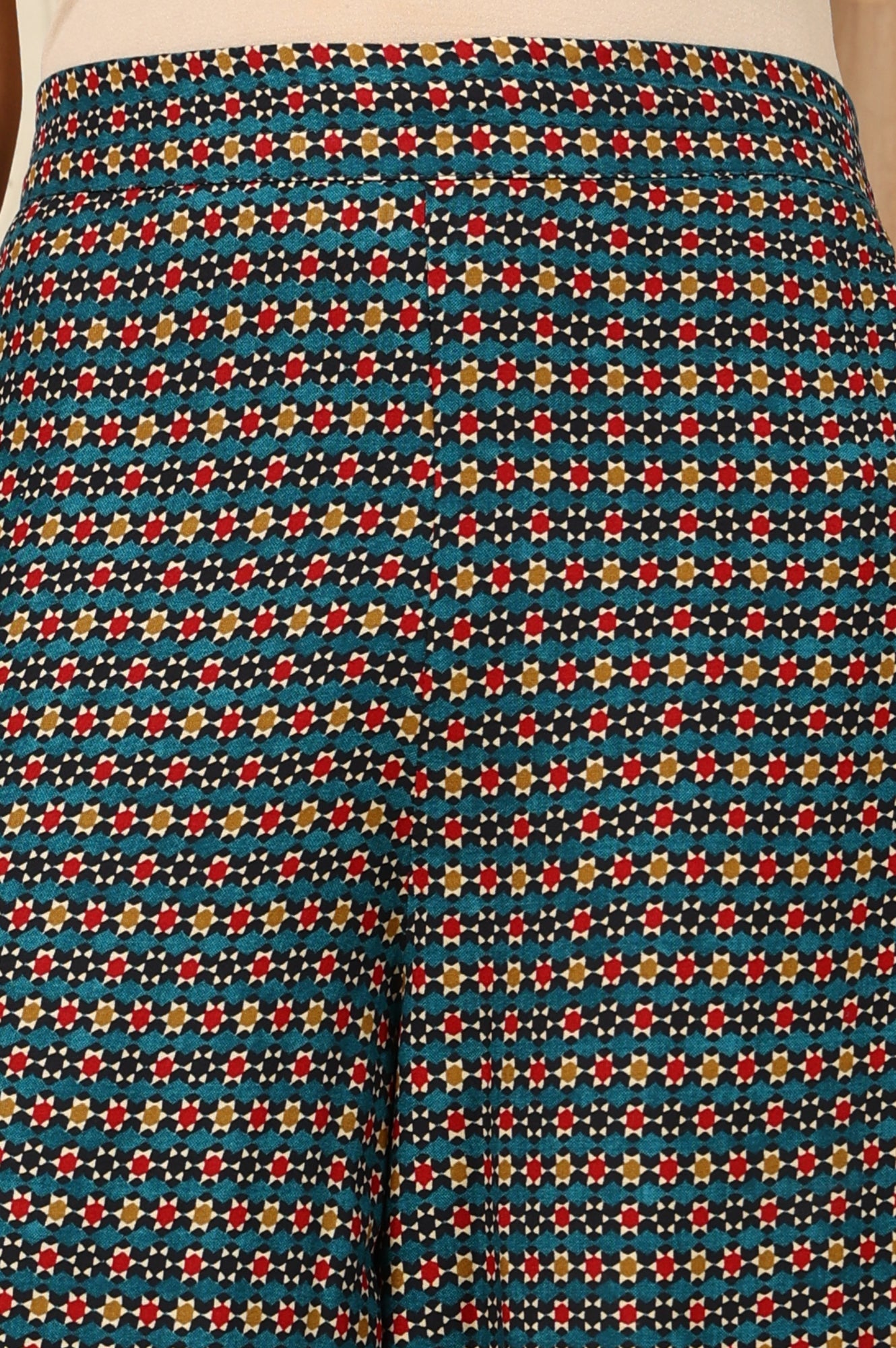 W for Woman Teal Multi-Coloured Geometric Printed Parallel Pants With Printed Hemline