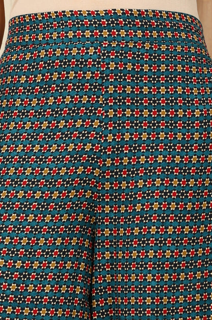 W for Woman Teal Multi-Coloured Geometric Printed Parallel Pants With Printed Hemline