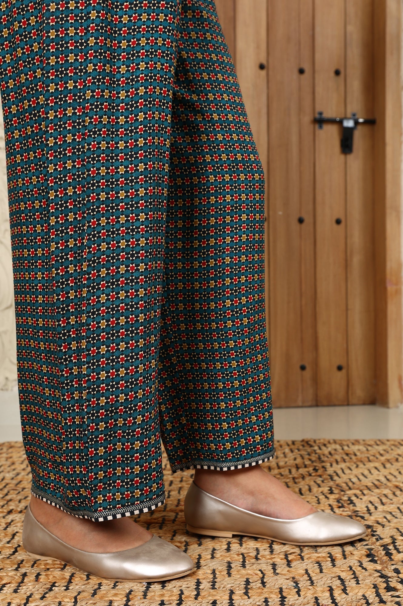 W for Woman Teal Multi-Coloured Geometric Printed Parallel Pants With Printed Hemline