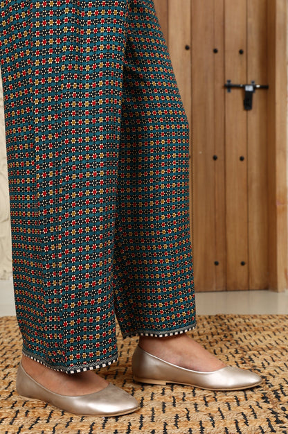 W for Woman Teal Multi-Coloured Geometric Printed Parallel Pants With Printed Hemline
